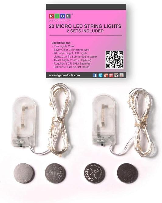 2-Pack 20 LED Wire Twinkle Fairy Lights, Battery Powered, Waterproof — Christmas, Holidays, Wedding, Party — Bedroom, Living Room — 6.5 Ft, Pink, Indoor & Outdoor