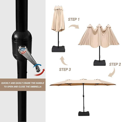 15ft Patio Umbrella with Base, 10-Year-No-Fade Large Outdoor Double-Sided Market Umbrella with UPF50+Terylene Polyester Fabric and Crank for Poolside Garden Deck Backyard Beach Pools