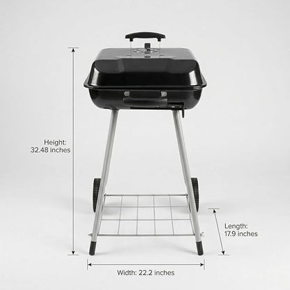 17.5-Inch Square Charcoal Grill with Wheels, 302 Sq In Cooking Surface Outdoor Barbecue BBQ, Porcelain-Coated Steel Freestanding Kettle Grill for Patio, Deck, and Backyard Gatherings, Black