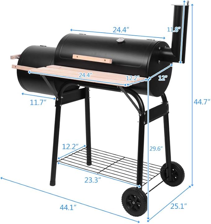 Dual Chamber Charcoal Grill & Smoker, Oil Drum BBQ with Side Smoker, 500-600°F High Temp, Portable Outdoor Grill with Wheels, Thermometer, Wood Shelf for Patio Camping Backyard Family Gathering Black