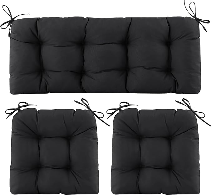 Wicker Chair Cushions of 3 Pieces, Waterproof Cushions for Patio Furniture, Tufted Wicker Outdoor Furniture Cushions, 1 Patio Loveseat Cushion and 2 U-Shaped Cushions, 44"x19"x5", Black