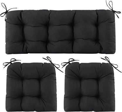 Wicker Chair Cushions of 3 Pieces, Waterproof Cushions for Patio Furniture, Tufted Wicker Outdoor Furniture Cushions, 1 Patio Loveseat Cushion and 2 U-Shaped Cushions, 44"x19"x5", Black