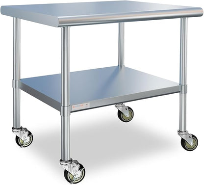 STABLEINK Stainless Steel Table with Wheels 36x30 Inches 3ft for Prep | NSF Certified Metal Work Table Workbench with Casters for Commercial Kitchen Restaurant Hotel Laundry Garage Chef Homemaker
