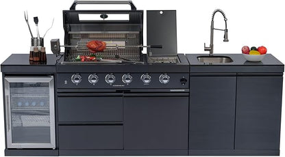 98" Natural Gas Outdoor Kitchen Island - 46-Inch 4-Burner 72,000 BTU Deluxe Stainless Steel Grill Wine Cooler Compact Refrigerator Rotisserie kit Granite Countertops Stainless steel Sink,Black