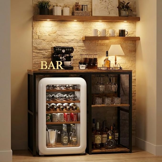 Homieasy Mini Fridge Cabinet with Power Outlet, Coffee Bar Cabinet with Mini Fridge Space, Industrial Liquor Cabinet with Wine Storage & Glass Holder for Dorm, Living Room, Home Kitchen, Rustic Brown