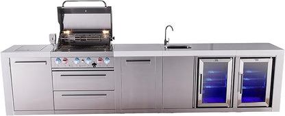 Mont Alpi Deluxe Stainless Steel 145"W Modular Outdoor Kitchen Island + 2 Refrigerators + Faucet & Sink + 32"W 4-Burner BBQ Grill + Side Burner + Granite Countertops + Storage + Rotisserie + Cover