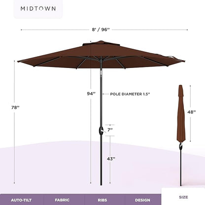 Midtown Umbrellas – The Lean 8 Ft Patio Umbrella with 10-Year-No-Fade Acrylast Acrylic Fabric, Auto-Tilt and 8 Reinforced Ribs for Deck, Pool, Garden, Hotel & Cafes – Cedar Wood Canopy, Black Pole