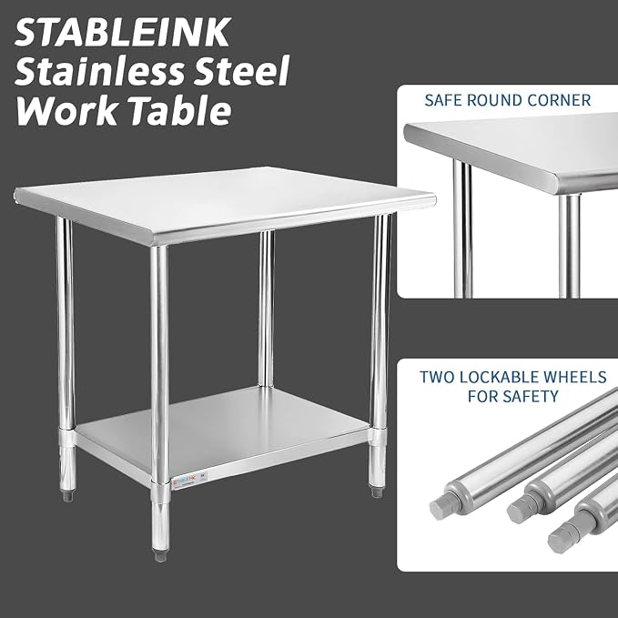 STABLEINK Stainless Steel Table with Undershelf 48x24 Inches 4ft for Prep | NSF Certified Heavy Duty Metal Work Table Workbench for Commercial Kitchen Restaurant Hotel Laundry Garage Chef Homemaker