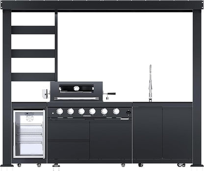 110-Inch 4-Burner 72000 BTU Stainless Steel Propane Gas Grill Outdoor Kitchen Island with Canopy,485Sq.In Cooking Area,Wine Cooler,Refrigerator,Rotisserie,For Backyard BBQ,Black
