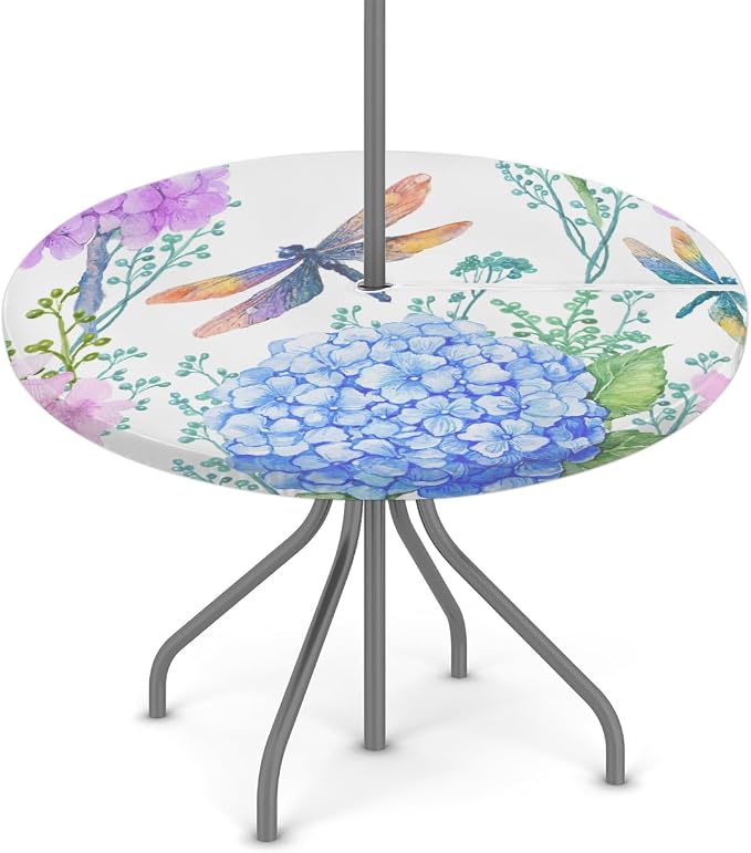Fitted Round Tablecloth with Umbrella Hole and Zipper Flowers Hydrangeas Outdoor Elastic Table Cloth 45"-56" Oil-Proof Waterproof Dragonflies Patio Table Cover for Picnic Party