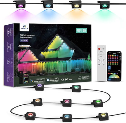APPECK RGBW Permanent Outdoor Lights 300ft, 40LM, with 216 LED Bulbs, Black | IP67 Waterproof, 111 Scene Modes, 2700K Warm White, Music Sync, Individual Control, Eave Lights Compatible with Alexa