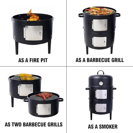Portable Charcoal Grill, 17" Round Charcoal Barbecue Grill with 2 Cooking Area, and Thermometer Heavy Duty Outdoor Vertical Steel Charcoal Smoking Grill for Outdoor Camping Picnic Backyard