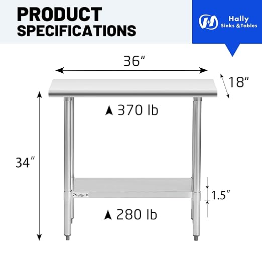 Hally Stainless Steel Table 18 x 36 Inches, NSF Commercial Restaurant Table | Slim, sturdy surface for cafes, hotels and food trucks; adjustable undershelf, leveling feet, kitchen workstation.