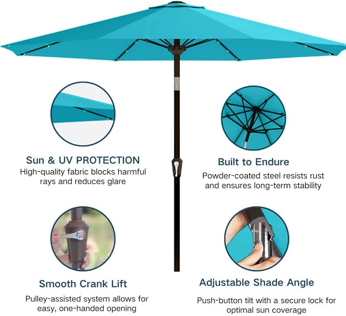 9' Solar LED Patio Umbrella with Tilt & Crank|8 Sturdy Ribs,UV Protection,Outdoor Market Table Umbrella for Deck,Lawn,Pool,Backyard(Light Blue)