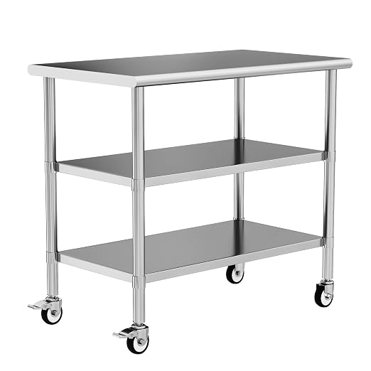 Stainless Steel Work Table with Wheels, 24x48 Inch NSF Kitchen Prep Table with 2 Adjustable Undershelves for Commercial Restaurant, Garage, Outdoor BBQ