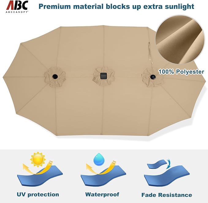 ABCCANOPY 15FT Solar LED Double-Sided Umbrella with Base, Khaki | Rectangular Outdoor Table Umbrella with Crank, Heavy Duty Market Umbrella Shade for Garden,Poolside, Lawn, Backyard