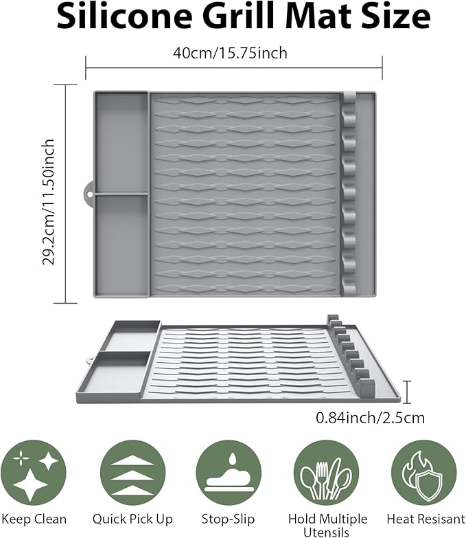 Jalopink Heat-Resistant Silicone Grill Mat Compatible with Blackstone, 15.75"x11.5" Non-Stick BBQ Grill Pad, Reusable Outdoor Spatula Mat for Griddle, Kitchen, Patio Accessories(Grey)