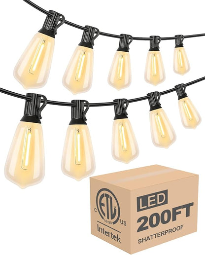 Lightdot LED Outdoor String Lights 200FT Patio Lights with 64 Shatterproof ST38 Vintage Edison Bulbs, Outside Hanging Light Waterproof for Porch, Deck, Garden, Backyard, Balcony, Dimmable- ETL Listed