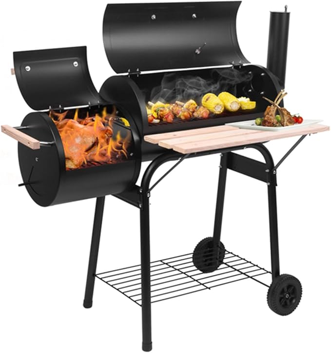 BBQ Grill Charcoal Offset Smoker with Wheel & Storage Shelf & Thermometer,High Temperature Spray Paint 500-600 Degrees,Oil Barrel Charcoal Furnace,Outdoor for Camping,Black