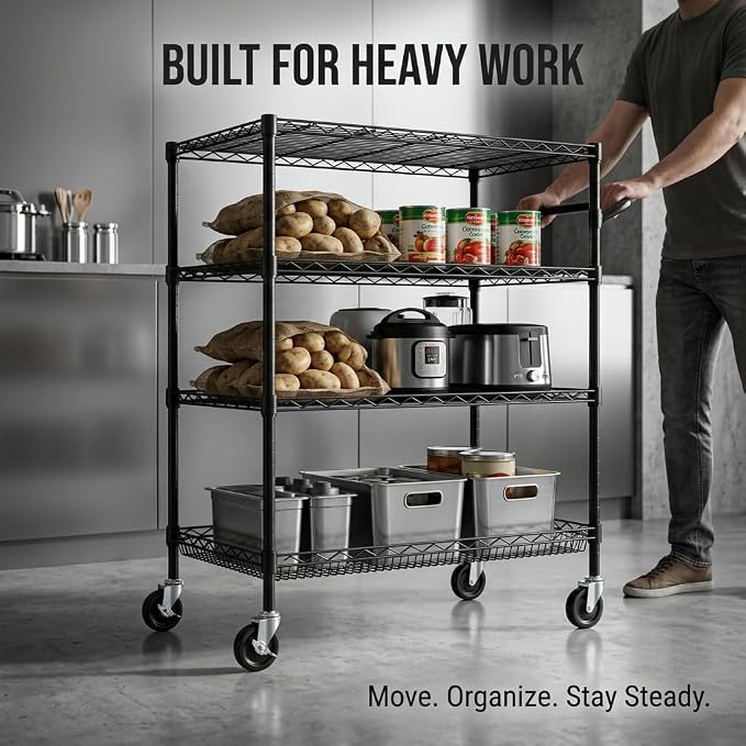 Finnhomy 4 Tier Heavy Duty Commercial Grade Rolling Cart with Handle Bar, Metal Wire Utility Cart with Wheels, Service Trolley on Wheels, Shelf Size 24" D x 36" W, NSF, Black