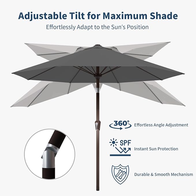 10FT Patio Umbrella Outdoor Market Umbrella with Crank and Tilt, 8 Flexible Fiberglass Ribs, UV-Resistant Waterproof Canopy for Patio, Deck, Garden, Backyard, Gray