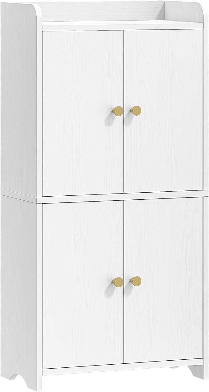 HEXCELEN Small Storage Cabinet, Modern Minimalism, White | Bathroom Storage Cabinet, 4 Doors, Floor Bathroom Organizer Freestanding, For Small Spaces, Living Room, Kitchen, Entryway
