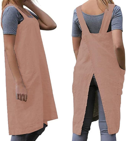 TBA Cotton Linen Apron Cross Back Apron for Women with Big Pockets Square Pinafore Dress for Baking Cooking BBQ & Grill