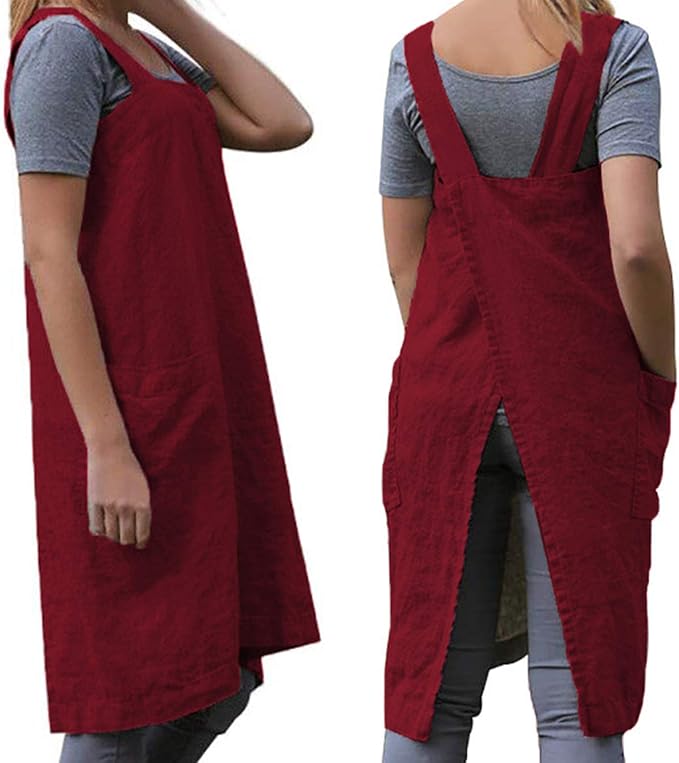 TBA Cotton Linen Apron Cross Back Apron for Women with Big Pockets Square Pinafore Dress for Baking Cooking BBQ & Grill