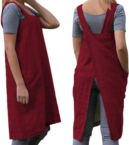 TBA Cotton Linen Apron Cross Back Apron for Women with Big Pockets Square Pinafore Dress for Baking Cooking BBQ & Grill