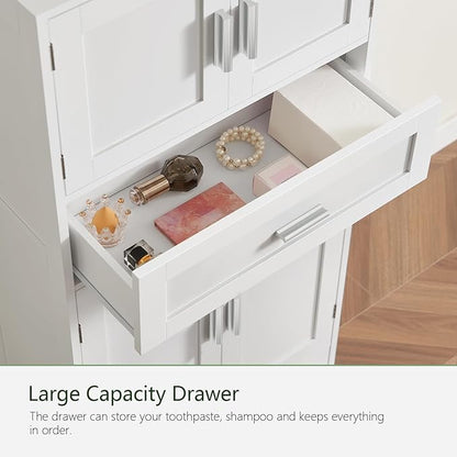 Bathroom Storage Cabinet with Adjustable Shelf & Large Drawer | Tall Storage Cabinet with 4 Doors, Kitchen Pantry Storage Cabinets, for Living Room, Dining Room, Entryway, White
