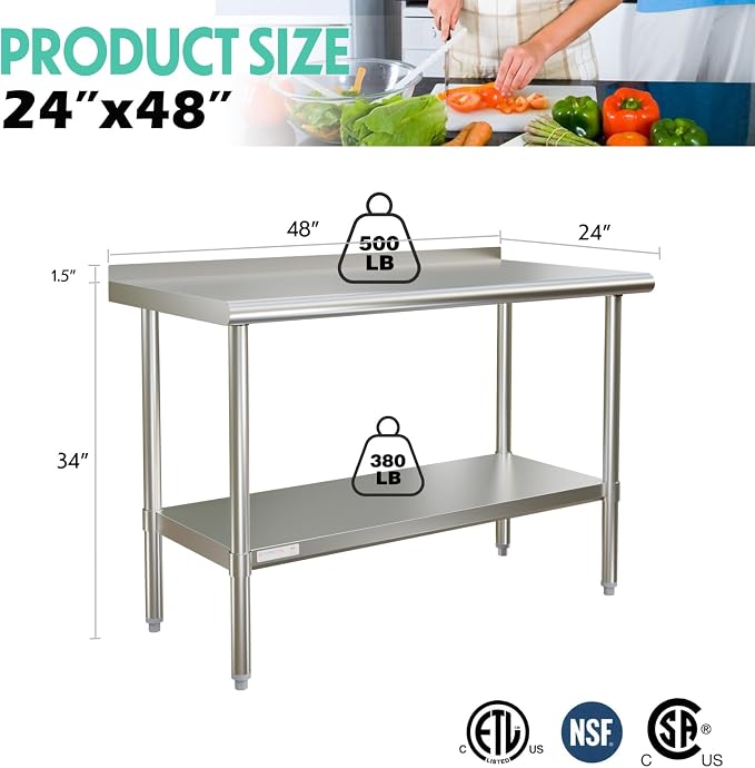 STABLEINK Stainless Steel Table with Backsplash 48x24 Inches 4ft for Prep | NSF Certified Metal Work Table with Adjustable Undershelf for Commercial Kitchen Restaurant Hotel Laundry Garage Chef