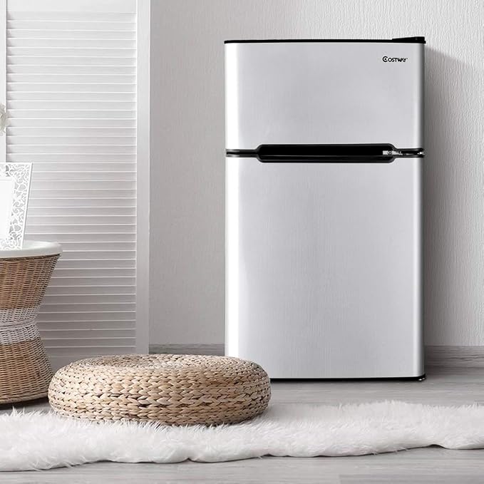 COSTWAY 3.2 Cu.ft. Mini Fridge with Freezer for Bedroom, Dorm, Office | Small Compact Refrigerator with Reversible 2-Door, Adjustable Temperature, LED Lights, Removable Glass Shelves, Grey