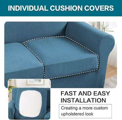 Turquoize 4 Piece Sofa Covers for 3 Cushion Couch Sofa Slipcover Soft Couch Cover for Dogs Washable Furniture Cover with 3 Individual Large Cushion Covers Feature Fabric (Large Sofa, Dusty Blue)