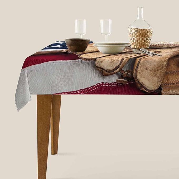 TKS MITLAN American Flag Tablecloth 60x84 Inch Rectangular Vintage Red Brown Baseball Bat Glove on USA Flag Oblong Table Cloth Kitchen Table Decorations for Home Dinner Party