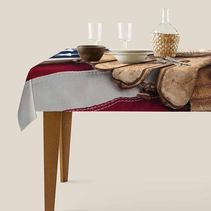 TKS MITLAN American Flag Tablecloth 60x84 Inch Rectangular Vintage Red Brown Baseball Bat Glove on USA Flag Oblong Table Cloth Kitchen Table Decorations for Home Dinner Party