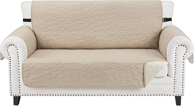 CUCRAF Non Slip Quilted Sofa Cover, Water Resistant Slipcover Furniture Protector for 2 Cushion Sofa Pet Friendly, Washable Couch Cover with Adjustable Elastic Straps (Medium Loveseat, Beige)