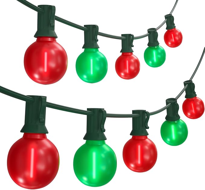 SUNSGNE 50FT G40 Round Christmas Lights Outdoor, Globe Christmas String Lights with 27 LED Frosted Red Green Lights(2 Spare) for Patio Balcony Roofline House Tree Decor, Green Wire