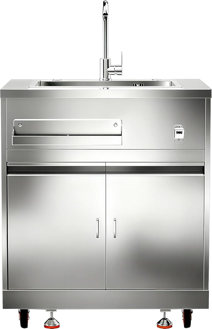BODEGA Stainless Steel Kitchen Sink with Hose Hook Up, Outdoor Kitchen cabinets with Ample Storage Space, All-Weather Single Bowl Commercial Sink Cabinet Bottle Opener & Spice Rac,Brake Wheels.