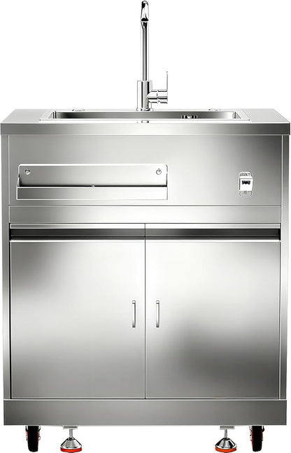 BODEGA Stainless Steel Kitchen Sink with Hose Hook Up, Outdoor Kitchen cabinets with Ample Storage Space, All-Weather Single Bowl Commercial Sink Cabinet Bottle Opener & Spice Rac,Brake Wheels.
