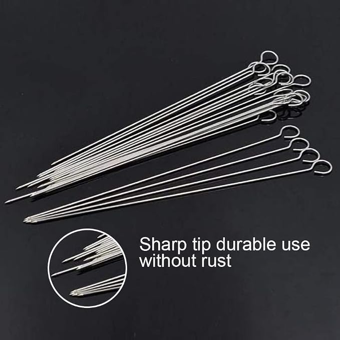 Metal Kabob Skewers for Grilling, 8 Inch Stainless Steel, 30 Pcs | Reusable 440 stainless steel with ring handles for BBQ, grill, oven, meat, chicken, shrimp and vegetables.