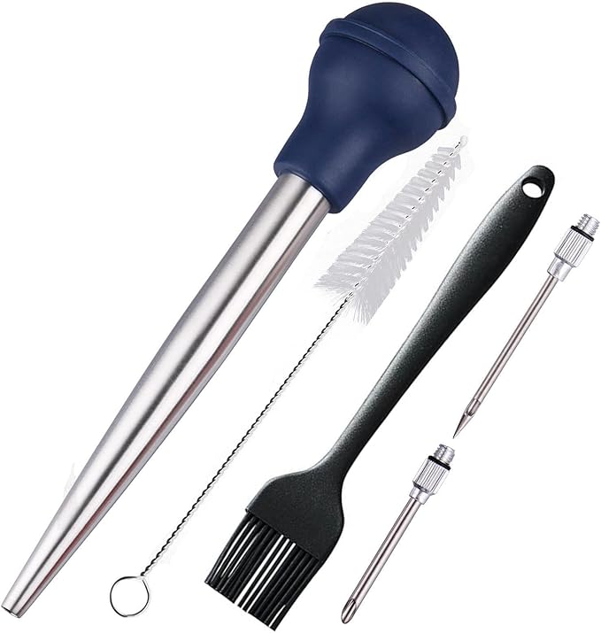 Turkey Baster Set of 5, Turkey Baster Syringe for Cooking, Meat Injector Baster &2 Needles&2 Cleaning Basting Brush, 18/8 Stainless Steel Baster for Flavor Meat Poultry, Beef&Chicken Blue