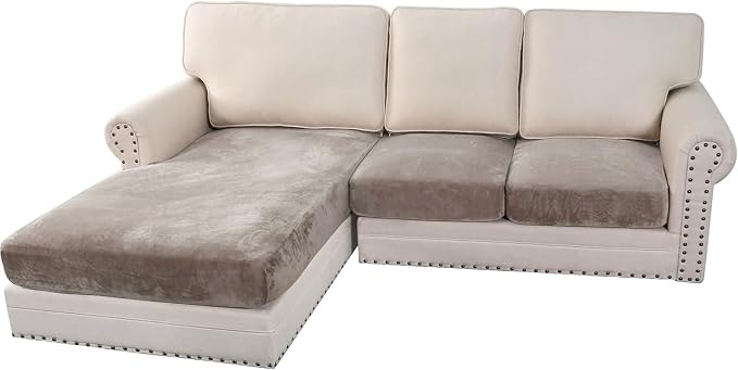 H.VERSAILTEX Velvet Stretch Sectional Couch Covers 3 Pieces Sofa Seat Cushion Covers L Shape Separate Cushion Couch Cover for Both Left/Right Sectional Couch (Large Sofa 2 Seater + 1 Chaise, Taupe)