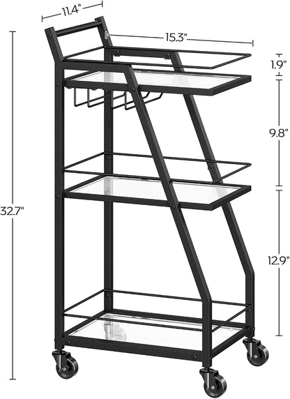 Bar Cart, 3-Tier Home Bar Serving Cart with Wheels, Drink Cart with Glass Holder, Beverage Cart, Rolling Kitchen Cart, for Home, Living Room, Transparent and Black BC03BK