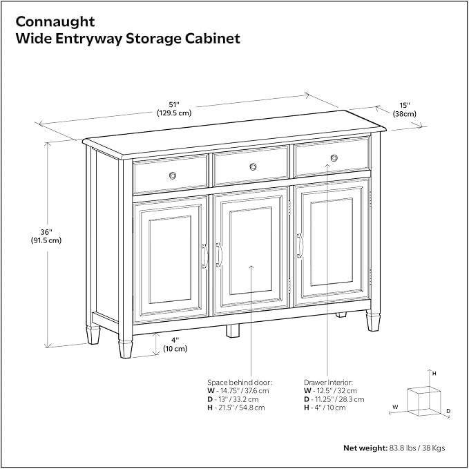 SIMPLIHOME Connaught 51" Solid Wood Cabinet in Chestnut Brown | Traditional space-saving entryway or mudroom cabinet with 3 drawers and adjustable shelves for organized household storage.