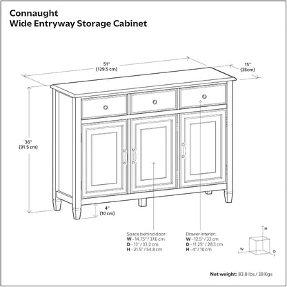 SIMPLIHOME Connaught 51" Solid Wood Cabinet in Chestnut Brown | Traditional space-saving entryway or mudroom cabinet with 3 drawers and adjustable shelves for organized household storage.