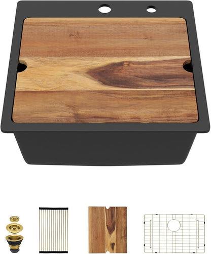 21 Inch Drop In Bar Sink - Matte Black Granite Composite Workstation Single Bowl Small Prep Wet Sink with All-In One Gold Accessories & Cutting Board for RV, Kitchen Bar, and Boat#TLGT-130