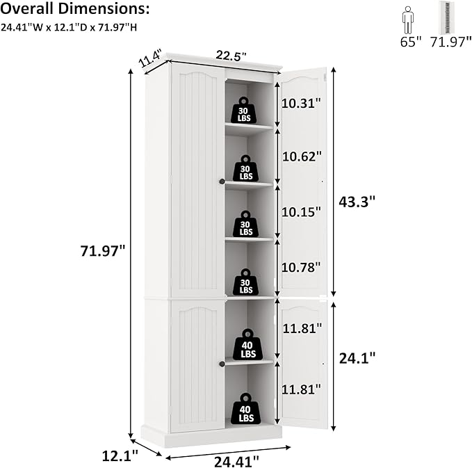 Function Home 72" Kitchen Pantry Cabinet, Tall Wood Storage Cabinet with Doors and Adjustable Shelves, 6-Tier Freestanding Cupboard for Kitchen Dining Room Living Room Bathroom, White