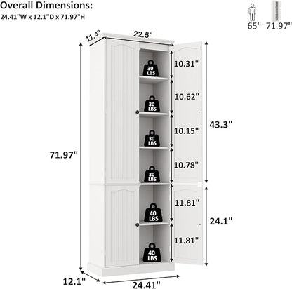 Function Home 72" Kitchen Pantry Cabinet, Tall Wood Storage Cabinet with Doors and Adjustable Shelves, 6-Tier Freestanding Cupboard for Kitchen Dining Room Living Room Bathroom, White