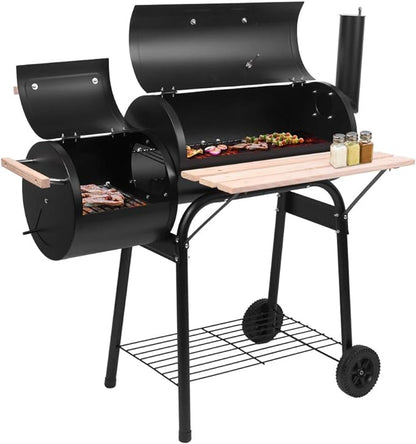 Henf BBQ Charcoal Grill with Offset Smoker, Portable Outdoor BBQ Grill Backyard Charcoal Barbecue Grill with Wheels, 2 Shelves, Wooden Handles,Ideal for Party, Picnic, Gathering, Camping