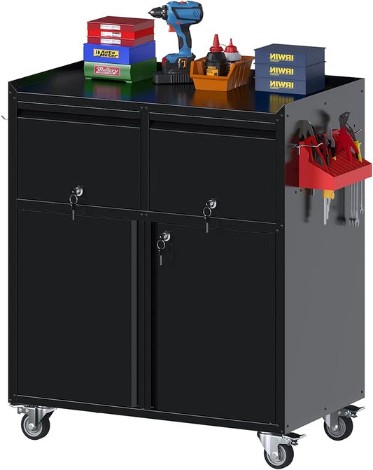 Aobabo Rolling Metal Garage Cabinet, Lockable Storage Cabinet with 2 Drawers, Pegboards, Hooks & Wheels, Heavy Duty Steel Utility Cabinet for Garage, Workshop, Home Office, Black, Assembly Required